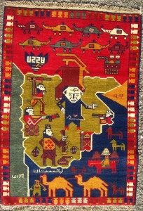 DO NOT TOUCH War Rug, knotted pile and wool on cotton, 40 x 56 in., courtesy Kevin Sudeith