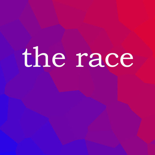 blue and red 'the race' title graphic